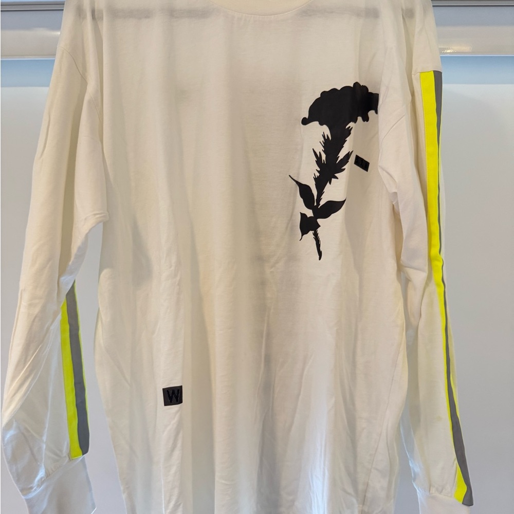 White Long Sleeve Tee with Black Graphic and Yellow Stripes
